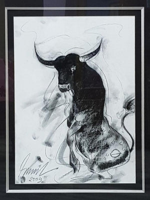 Animals mixed media painting titled 'Bull 2', 24x18 inches, by artist Sunil Das on Canvas Board