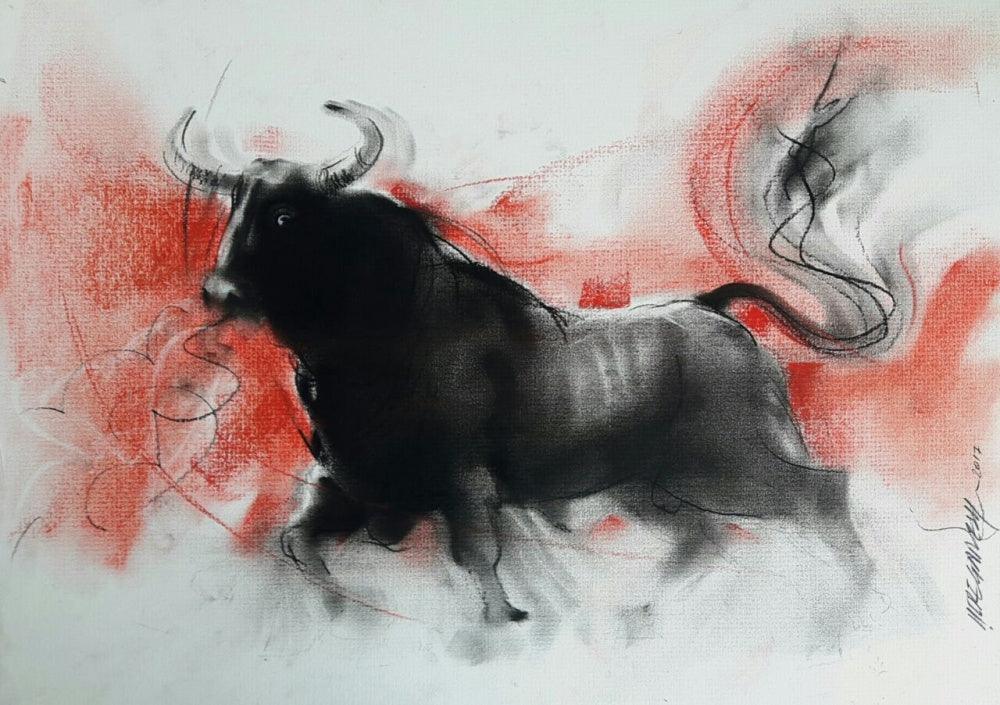 Animals charcoal drawing titled 'Bull 3', 15x20 inches, by artist Ganesh Hire on Paper