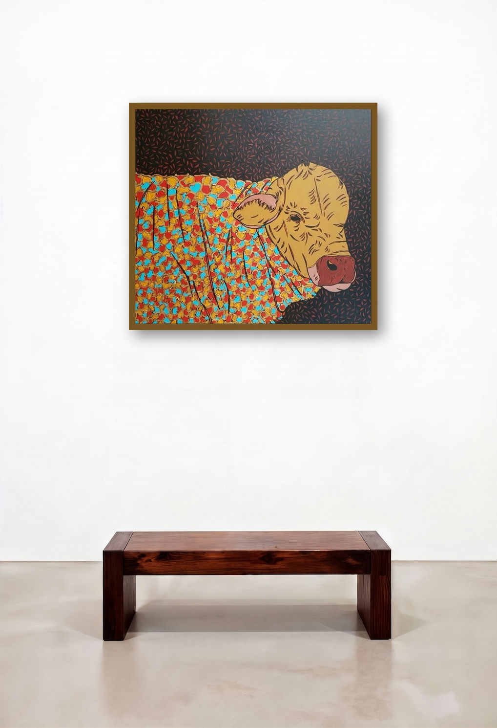 Bull 3 (The Golden Steer) by artist Rama Krishna V displayed in a Minimalist Family Room