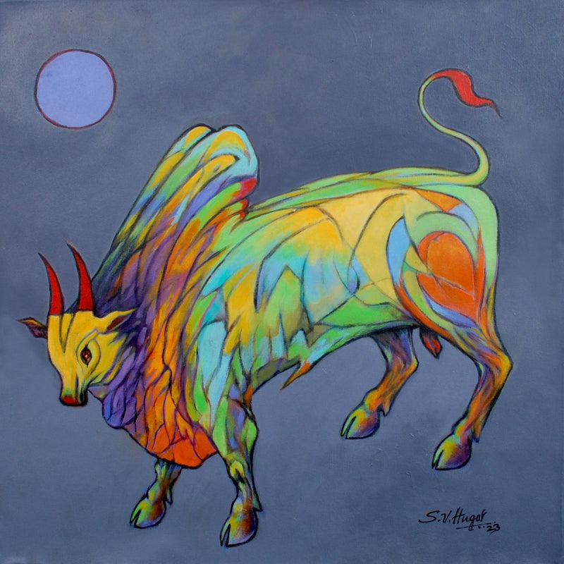 Animals acrylic painting titled 'Bull 32', 24x24 inches, by artist Shivu Hugar on Canvas