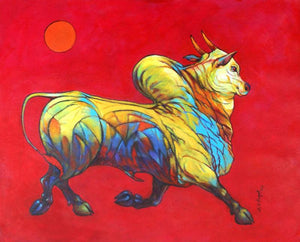 Bull 33 (Majestic Bull**) by Shivu Hugar, Original Acrylic Animal Painting on Canvas, Medium Horizontal Wall Art