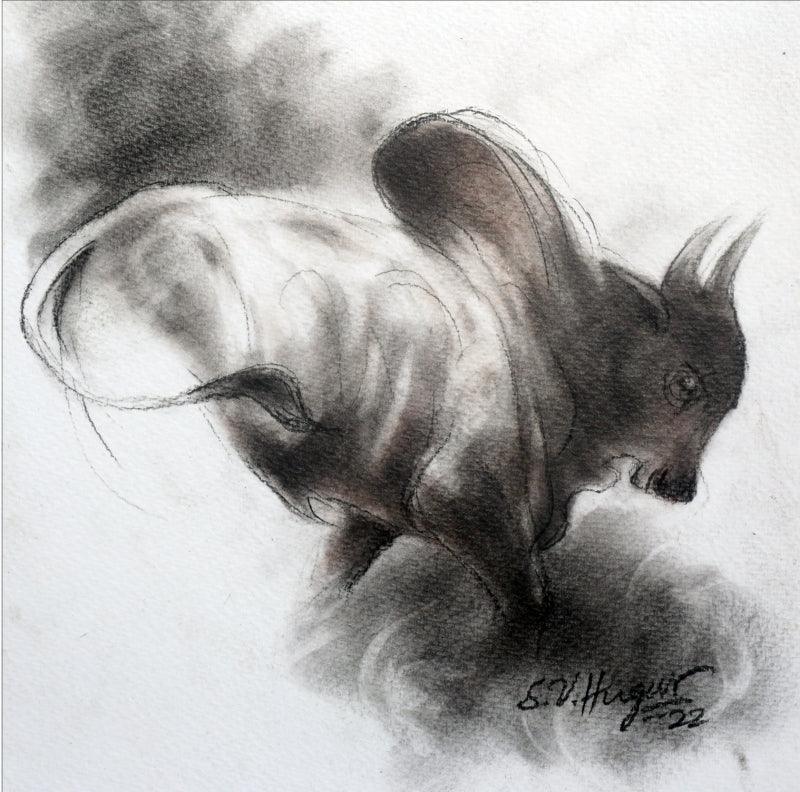 Animals charcoal drawing titled 'Bull 4', 8x8 inches, by artist Shivu Hugar on Paper