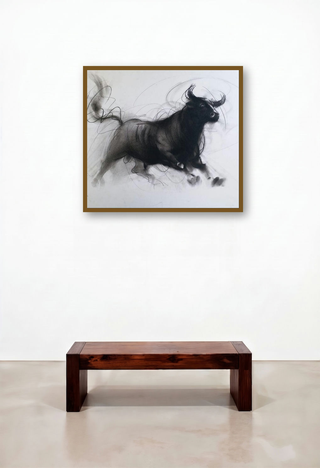 Bull 4 (Bull in Motion) by artist Ganesh Hire displayed in a Industrial Bedroom