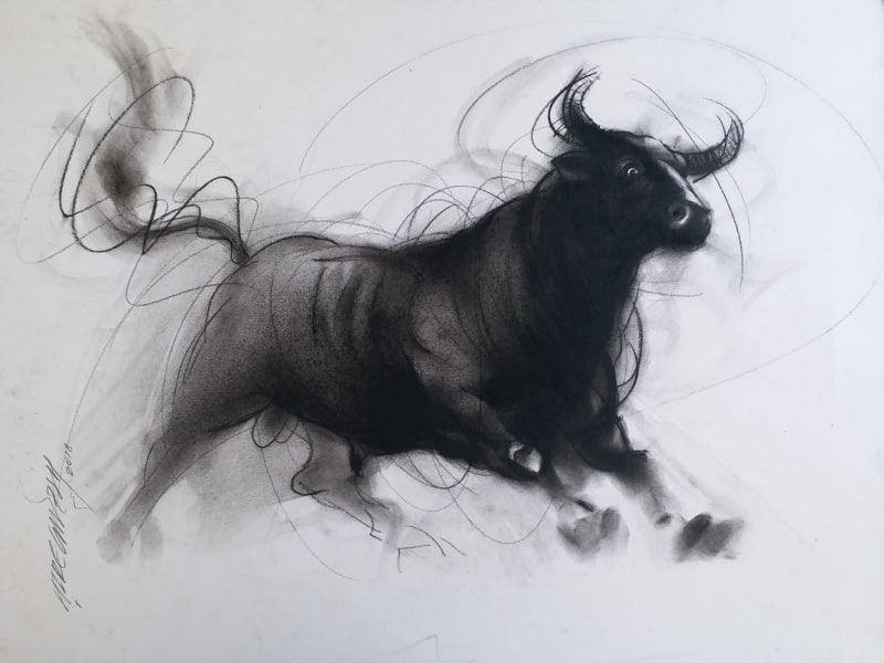 Animals charcoal painting titled 'Bull 4', 14x20 inches, by artist Ganesh Hire on Paper