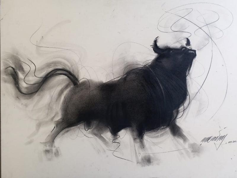 Animals charcoal painting titled 'Bull 5', 14x20 inches, by artist Ganesh Hire on Paper