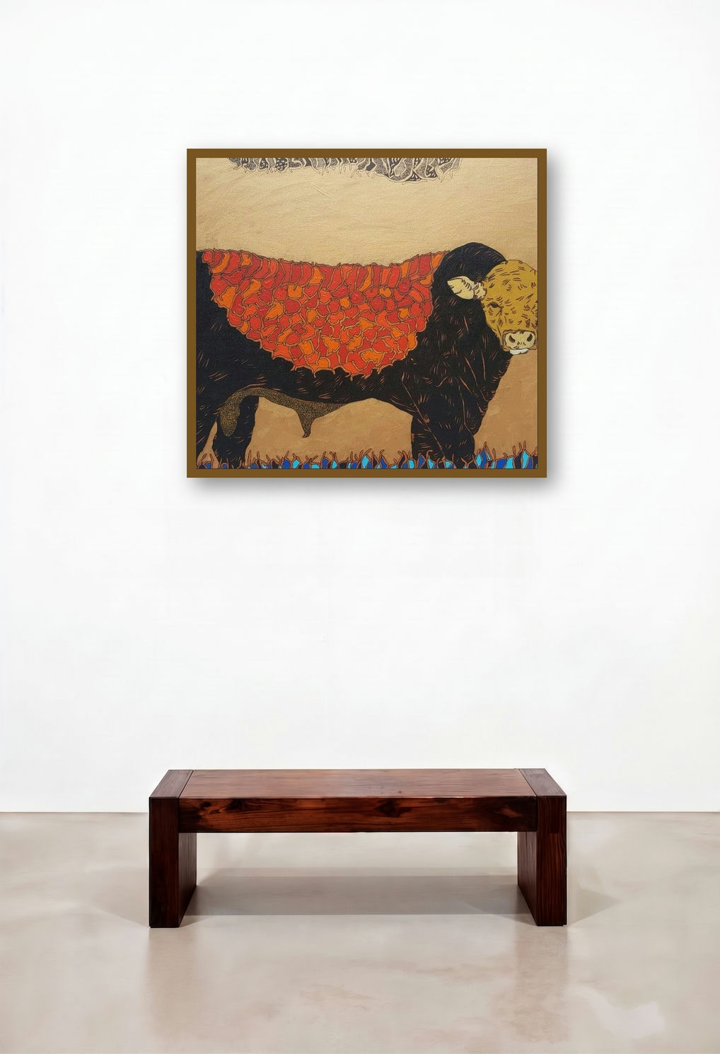 Bull 5 (The Golden Humped Bull) by artist Rama Krishna V displayed in a Scandinavian Reception Area