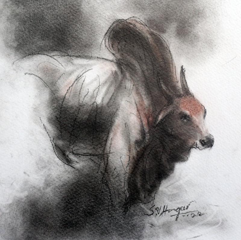 Animals charcoal drawing titled 'Bull 6', 8x8 inches, by artist Shivu Hugar on Paper