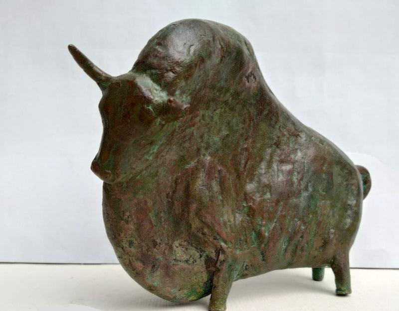 Animals sculpture titled 'Bull 7', 7x5x4 inches, by artist Tanmay Banerjee on Bronze