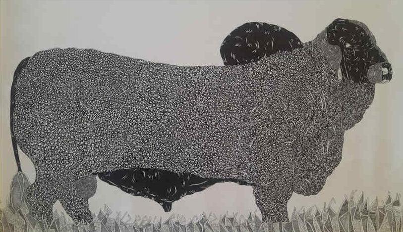 Animals pen drawing titled 'Bull 8', 24x36 inches, by artist Rama Krishna V on Canvas