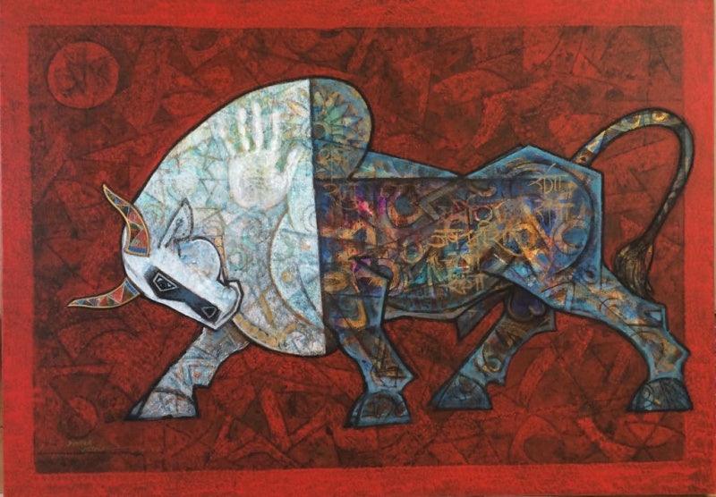 Animals acrylic painting titled 'Bull', 42x30 inches, by artist Dinkar Jadhav on Canvas