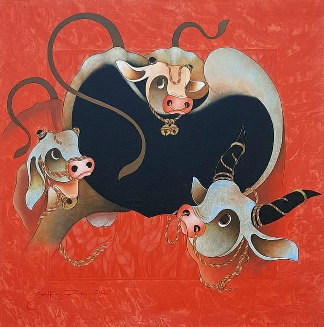 Animals acrylic painting titled 'Bull', 30x30 inches, by artist H R Das on Canvas