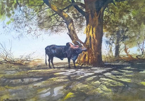 Bull (Rural Repose) by Nanasaheb Yeole, Original Watercolor Animal Painting on Paper, Small Horizontal Wall Art