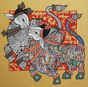 Religious acrylic painting titled 'Bull', 36x36 inches, by artist Vivek Kumavat on Canvas