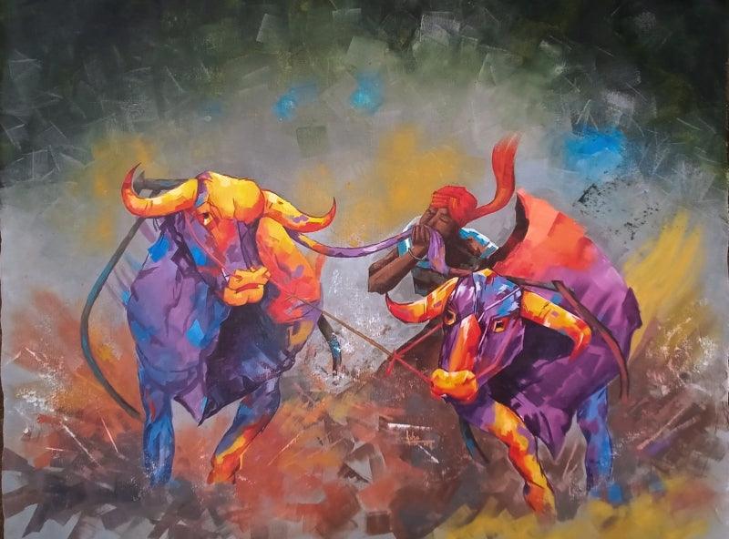 Impressionist acrylic painting titled 'Bull race', 28x35 inches, by artist Lisha N T on Canvas