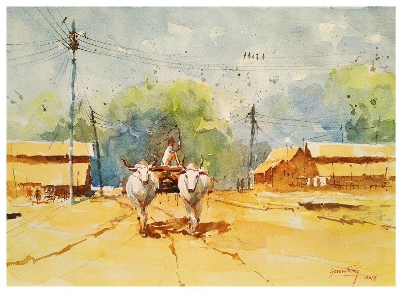 Landscape watercolor painting titled 'Bullock Cart', 14x10 inches, by artist Soven Roy on Handmade Paper