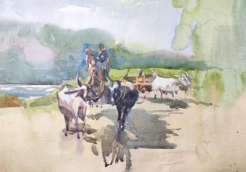 Figurative watercolor painting titled 'Bullockart', 15x22 inches, by artist Sagar Palwe on Paper