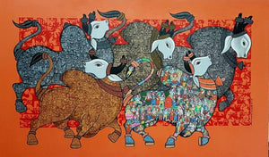 Religious acrylic painting titled 'Bulls', 36x60 inches, by artist Vivek Kumavat on Canvas