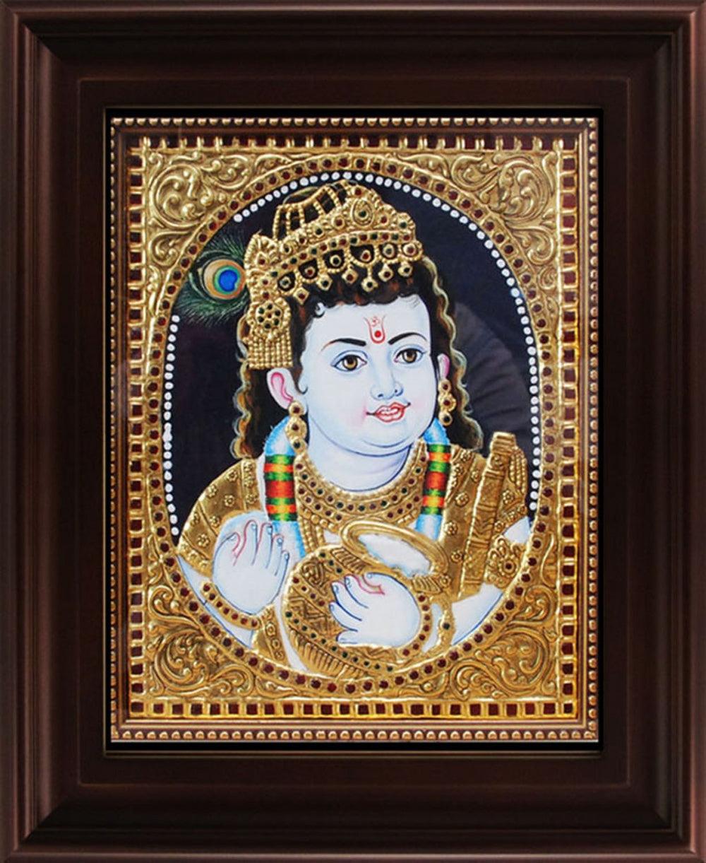 Religious tanjore traditional art titled 'Butter Krishna Tanjore Painting', 24x18 inches, by artist Myangadi Tanjore on Plywood