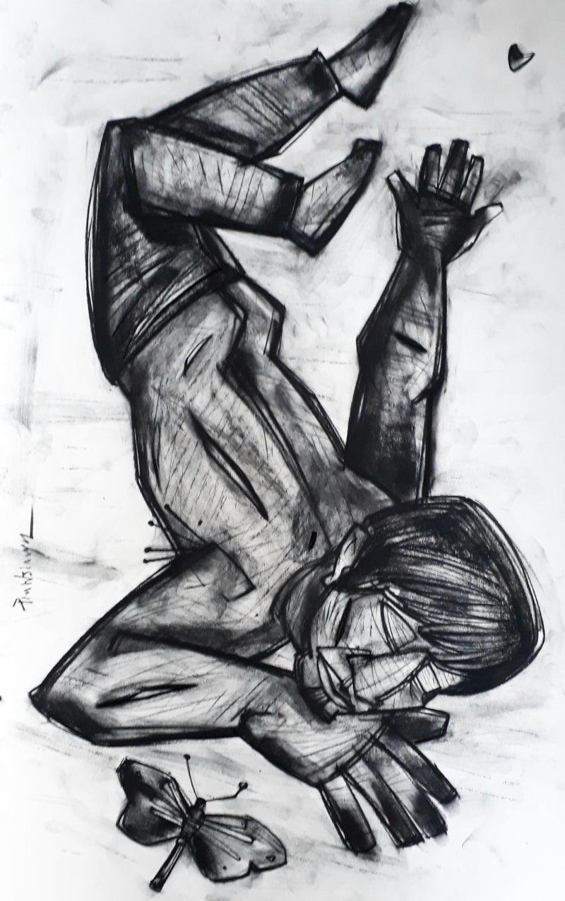 Figurative charcoal drawing titled 'Butterfly', 27x17 inches, by artist Pintu Biswas on 300 Gsm Paper