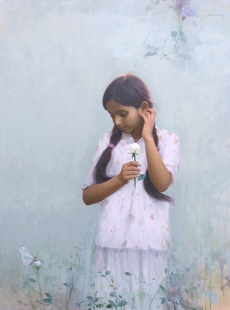 Figurative oil painting titled 'Butterfly', 48x36 inches, by artist Dilip Dudhane on Canvas