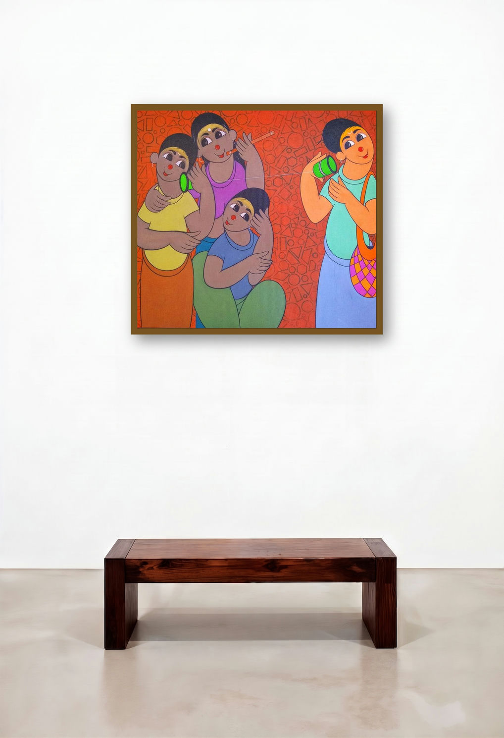 Childhood Fun (Children Playing with Tin Can Phones) by artist Dnyaneshwar Bembade displayed in a Scandinavian Family Room