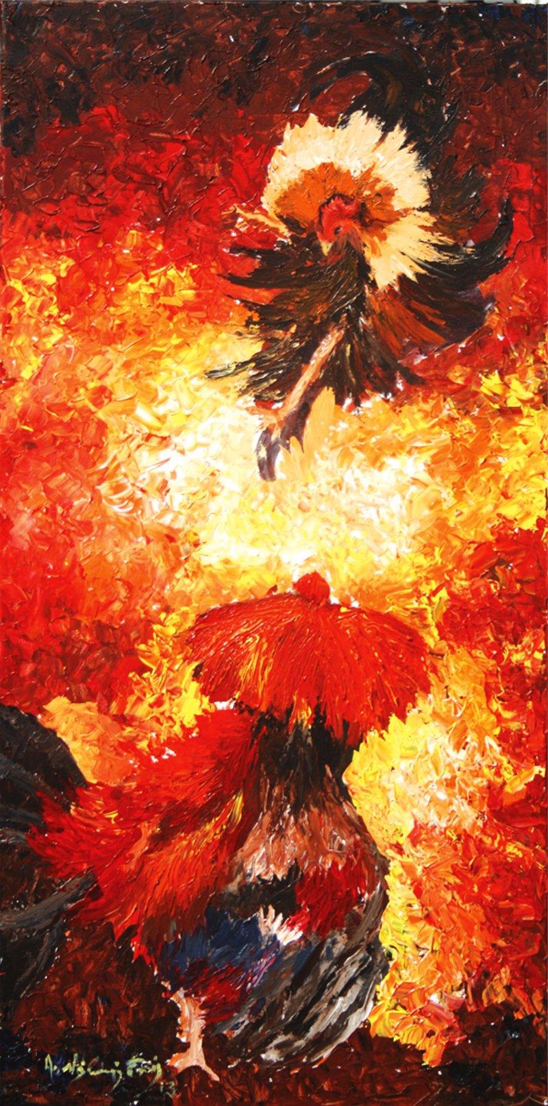 Abstract acrylic painting titled 'COCK FIGHT', 42x24 inches, by artist Vignesh Kumar on Canvas