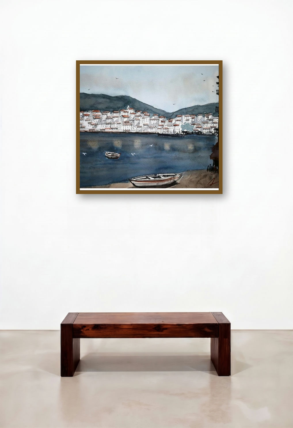 Cadaques Spain (Mediterranean Twilight) by artist Arunava Ray displayed in a Mid-Century Modern Study