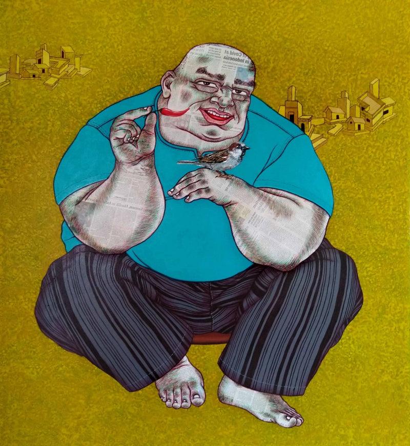 Figurative acrylic painting titled 'Caring', 48x42 inches, by artist Mrinal Dey on Canvas