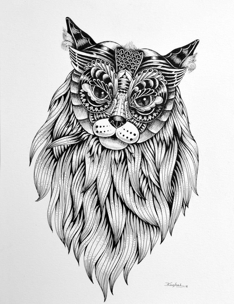 Animals pen drawing titled 'Cat 1', 15x11 inches, by artist Kushal Kumar on Paper