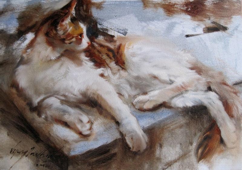Animals oil painting titled 'Cat', 12x17 inches, by artist Vijay Jadhav on Canvas