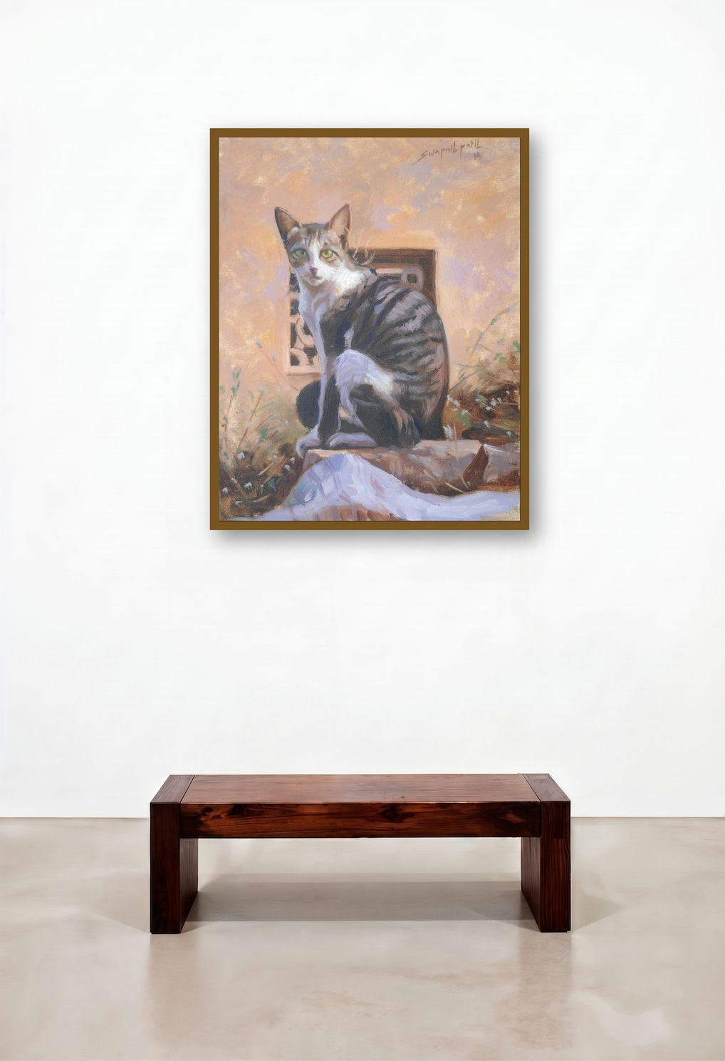 Cat (The Window Watcher) by artist Swapniil Paatil displayed in a Japandi Bedroom