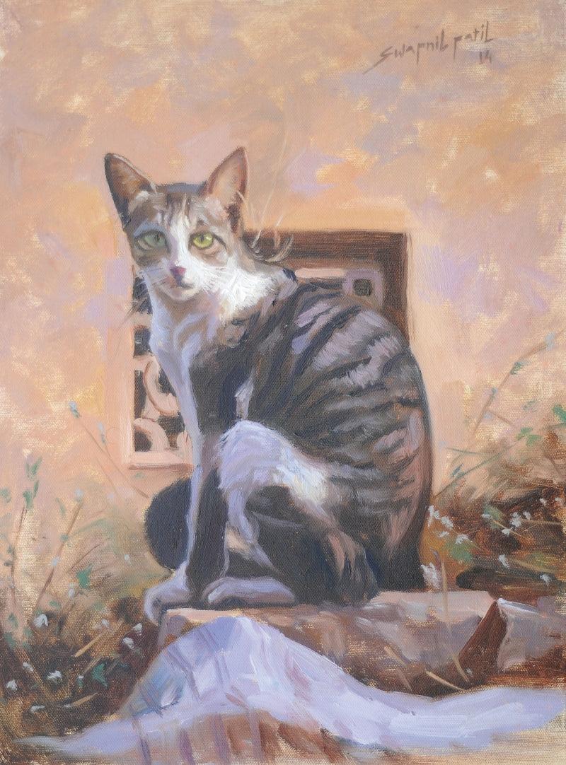 Animals oil painting titled 'Cat', 16x12 inches, by artist Swapniil Paatil on Canvas