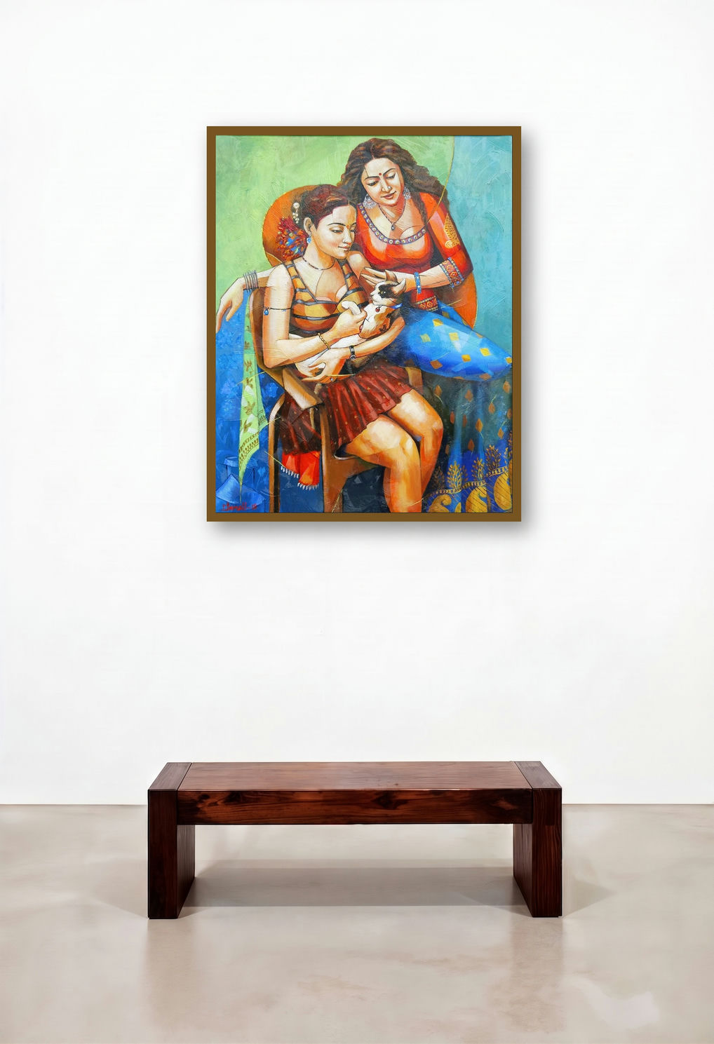 Cat With Girl by artist Tamali Das displayed in a Modern Penthouse