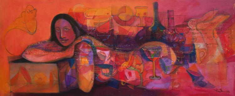 Figurative acrylic painting titled 'Celebration', 24x60 inches, by artist Madan Lal on Canvas
