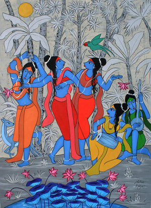 Celebration (A Divine Performance) by Chetan Katigar, Original Acrylic Figurative Painting on Canvas, Large Vertical Wall Art
