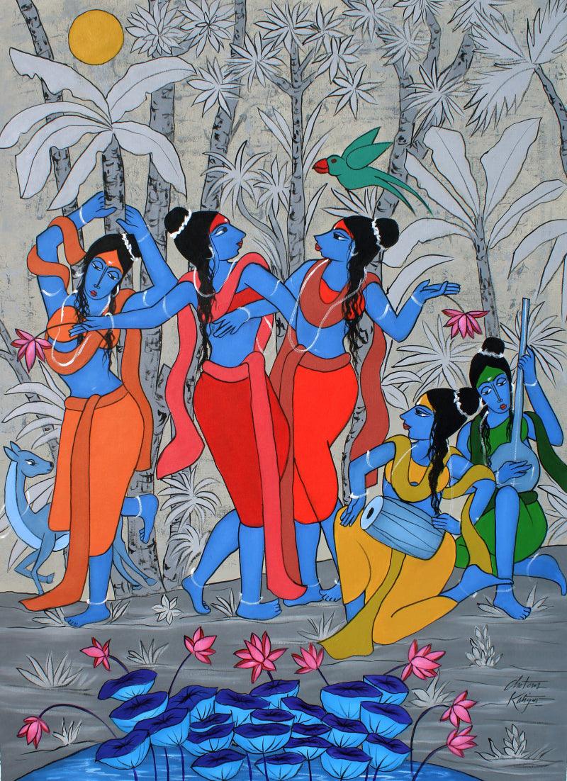 Figurative acrylic painting titled 'Celebration', 49x35 inches, by artist Chetan Katigar on Canvas