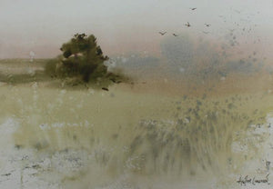 Celebration (Serene Landscape) by Anupam Chauhan, Original Watercolor Nature Painting on Paper, Small Horizontal Wall Art