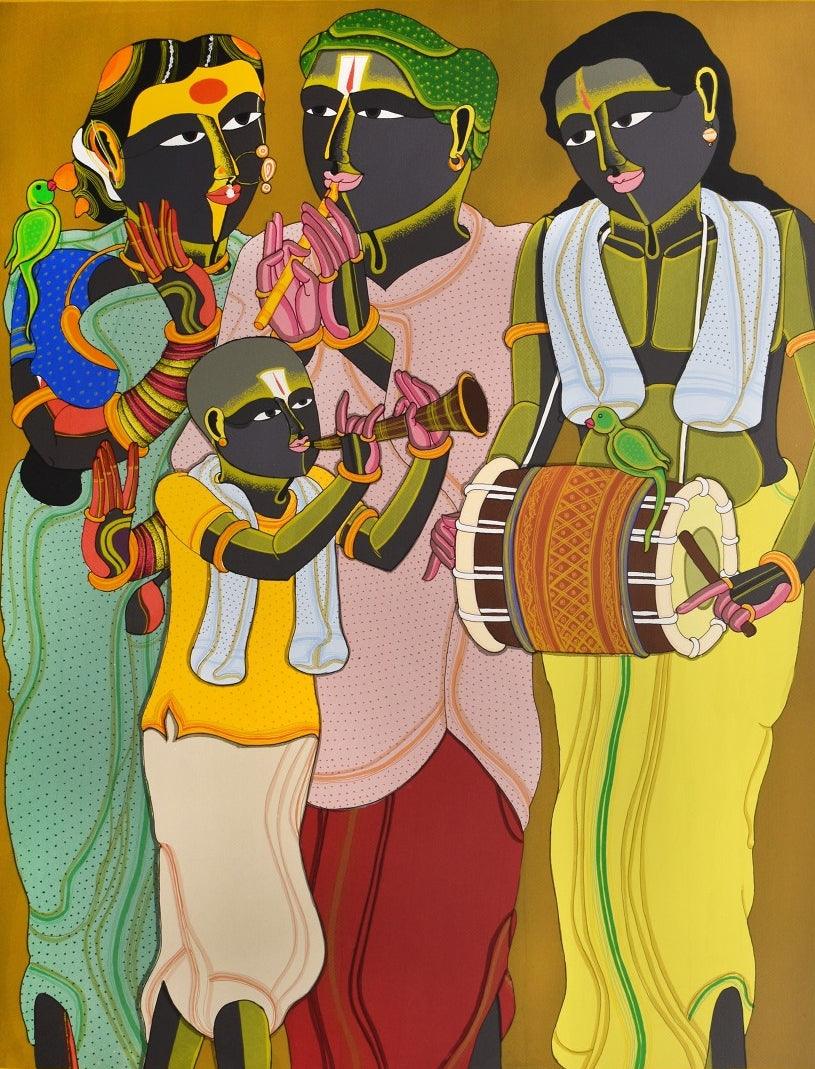 Figurative serigraphs painting titled 'Celebration', 50x40 inches, by artist Thota Vaikuntam on Paper