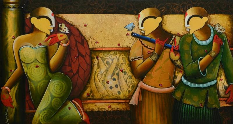 Religious acrylic painting titled 'Celestial Beauty', 66x36 inches, by artist Anupam Pal on canvas