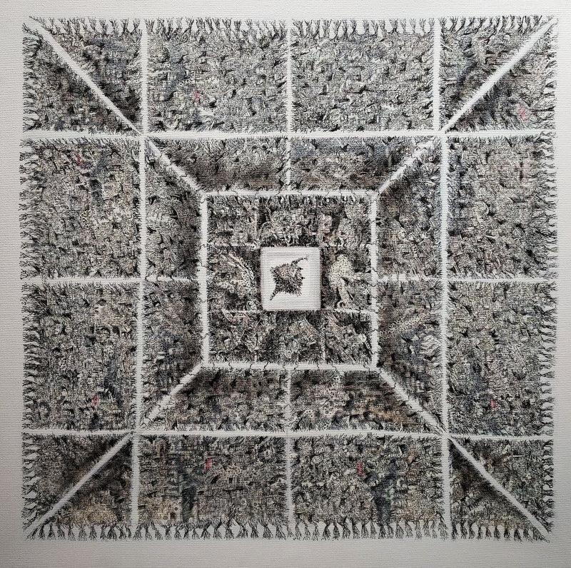 contemporary mixed media painting titled 'Chakkarview', 24x24 inches, by artist Kusum Lata Sharma on Canvas