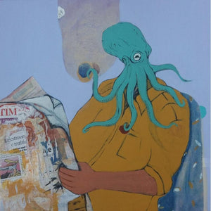 Chameleon (The Octoman Reader) by Kamlesh Patidar, Original Mixed Media Contemporary Painting on Canvas, X-Small Square Wall Art