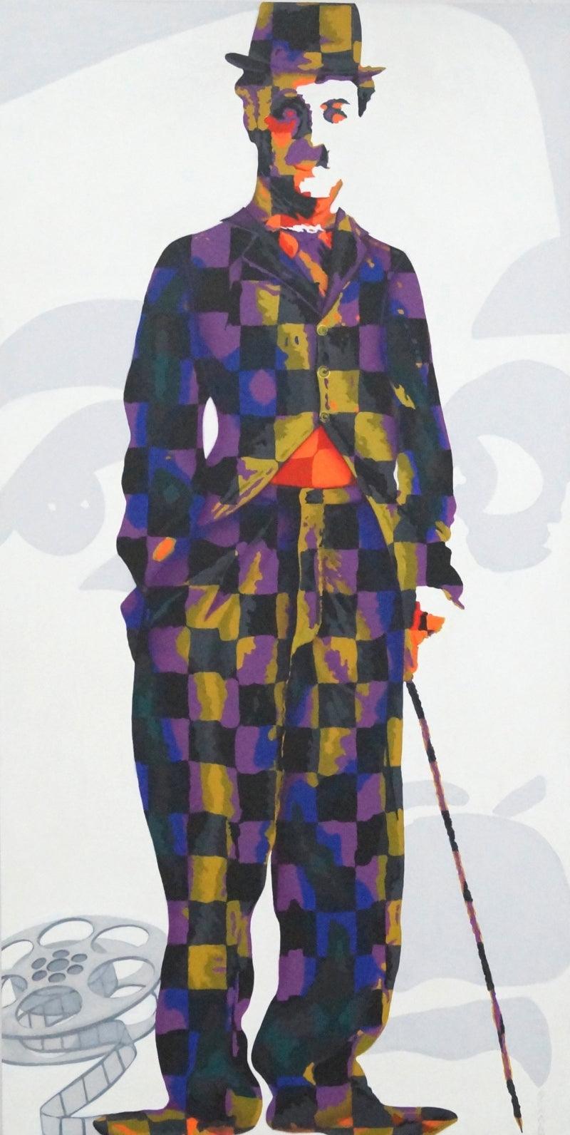 Figurative acrylic painting titled 'Charlie Chaplin', 60x30 inches, by artist Sonaly Gandhi on Canvas