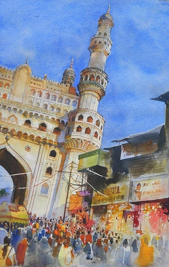 Cityscape watercolor painting titled 'Charminar', 22x29 inches, by artist Bijay Biswaal on Arches Paper