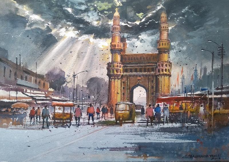 Cityscape watercolor painting titled 'Charminar', 14x20 inches, by artist NanaSaheb Yeole on Paper