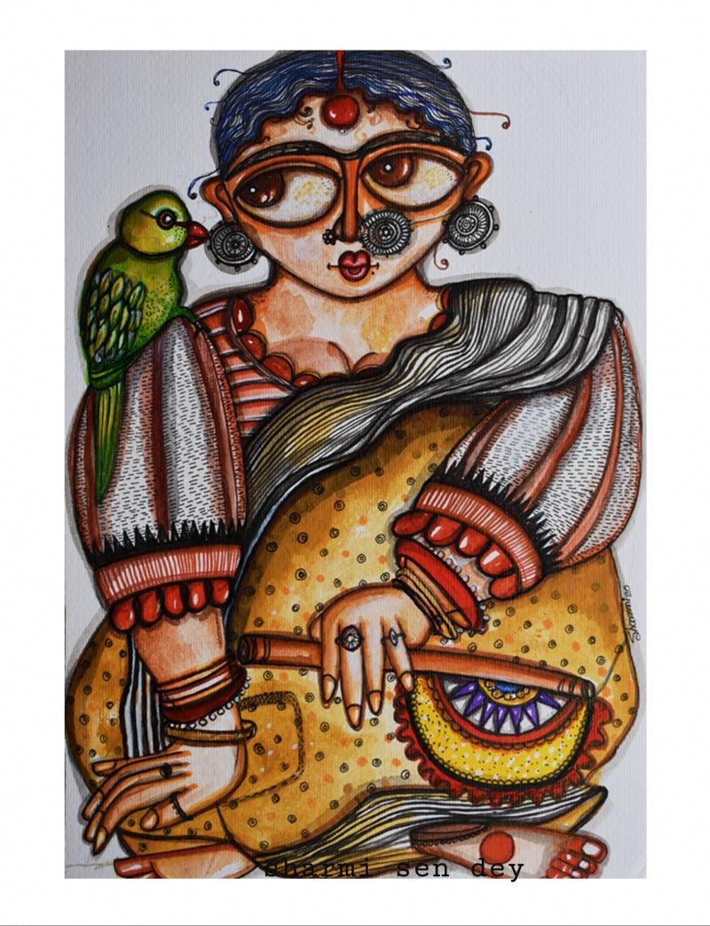 Figurative mixed media painting titled 'Charulata', 11x9 inches, by artist Sharmi Dey on Paper