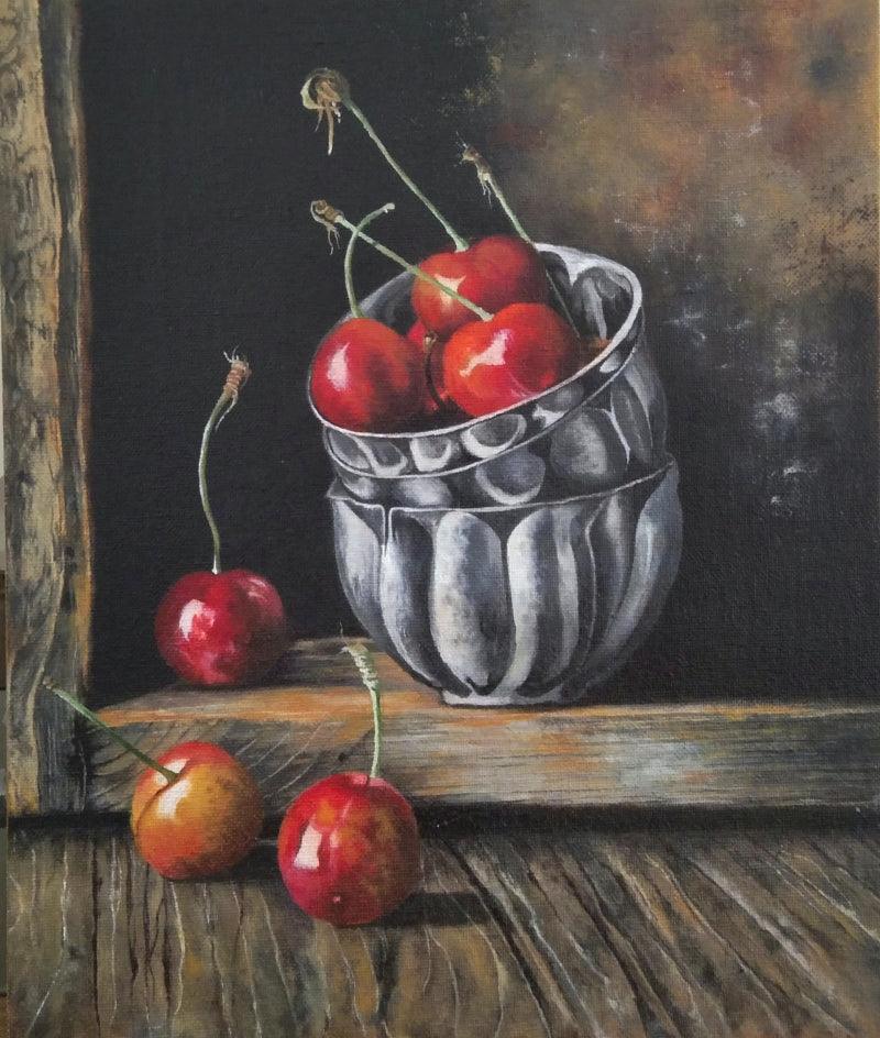 Food oil painting titled 'Cherry', 10x12 inches, by artist Anjana Sihag on Canvas Board