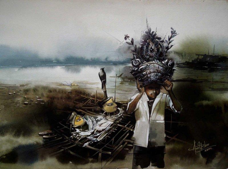 Figurative watercolor painting titled 'Child Hood', 15x22 inches, by artist Amit Bhar on paper