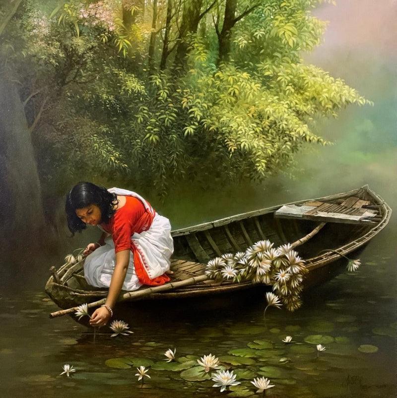 Religious oil painting titled 'Childhood', 36x36 inches, by artist Amit Bhar on Canvas