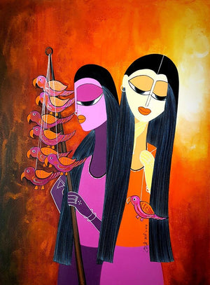 Figurative acrylic painting titled 'Childhood', 24x18 inches, by artist Rangoli Garg on Canvas