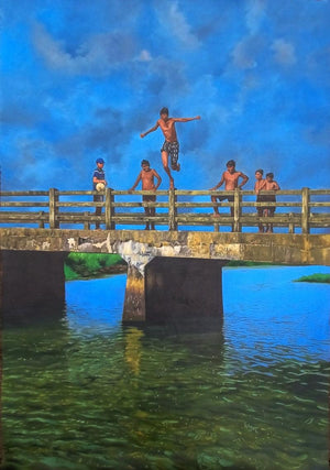 Childhood by Lisha N T, Original Acrylic Oil Realistic Painting on Canvas, Small Vertical Wall Art